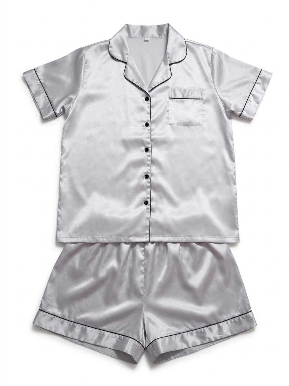 Satin Short Sleeve Pajama Set in Silver with Black Trim